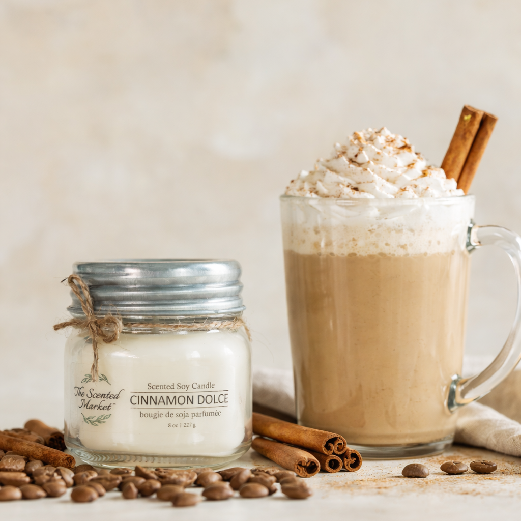 Cinnamon Dolce candle next to a mug of hot chocolate with whipped cream and a cinnamon stick on a wooden surface.