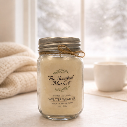Jar candle labeled 'The Scented Market' on a surface with a soft blurred background