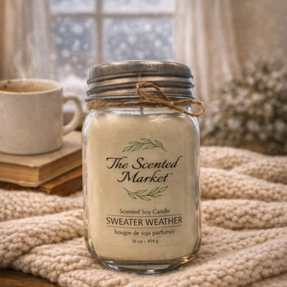 Candle labeled 'The Scented Market' on a textured surface with a blurred snowy window in the background