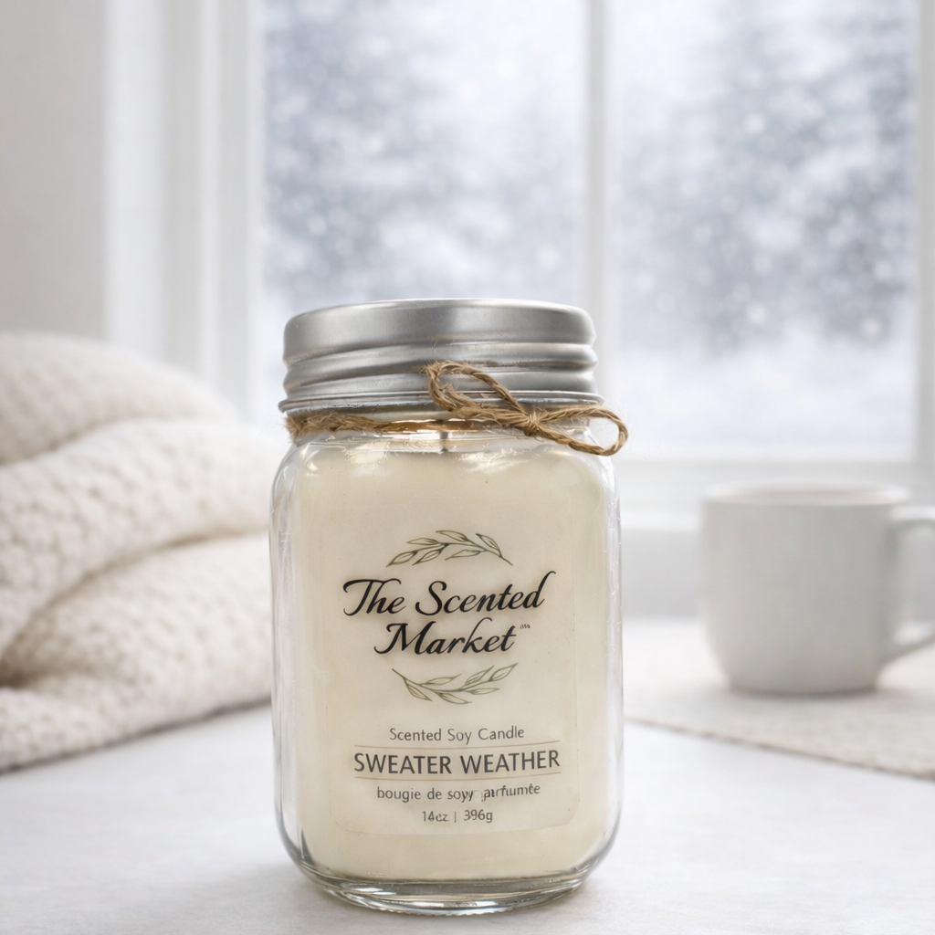 Jar candle labeled 'The Scented Market Sweater Weather' on a surface with a snowy window background.