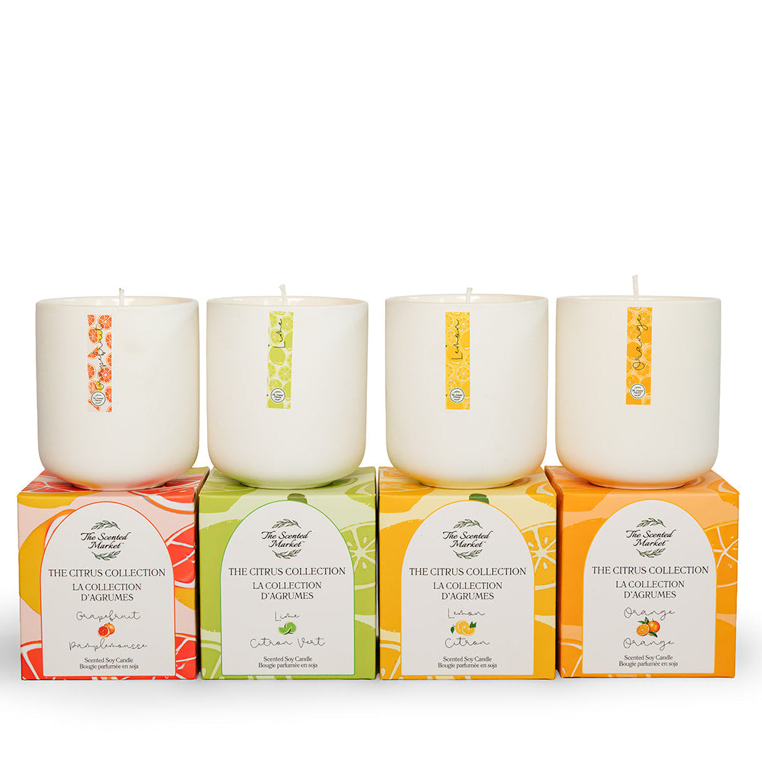 Four candles in a row with colorful labels on a white background