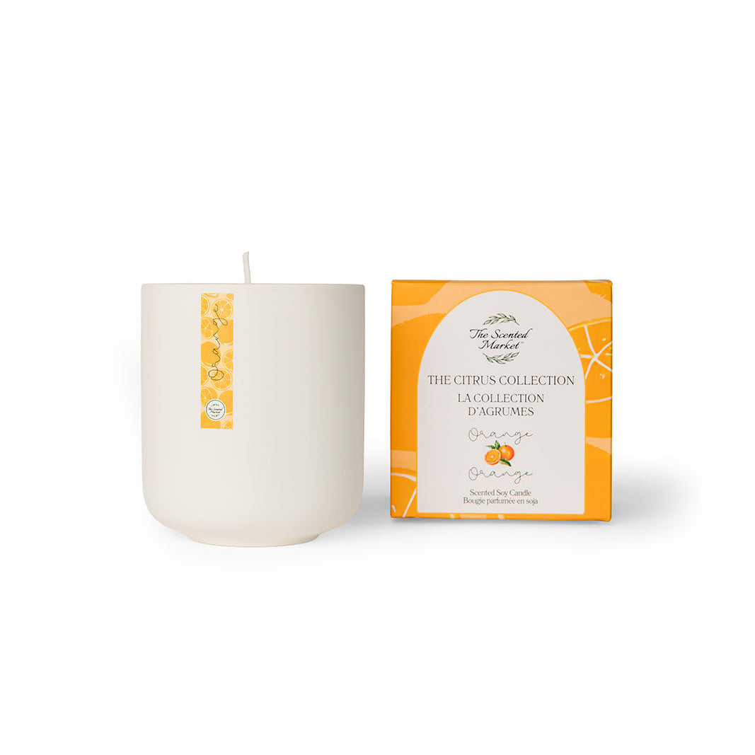 Candle and its packaging on a white background
