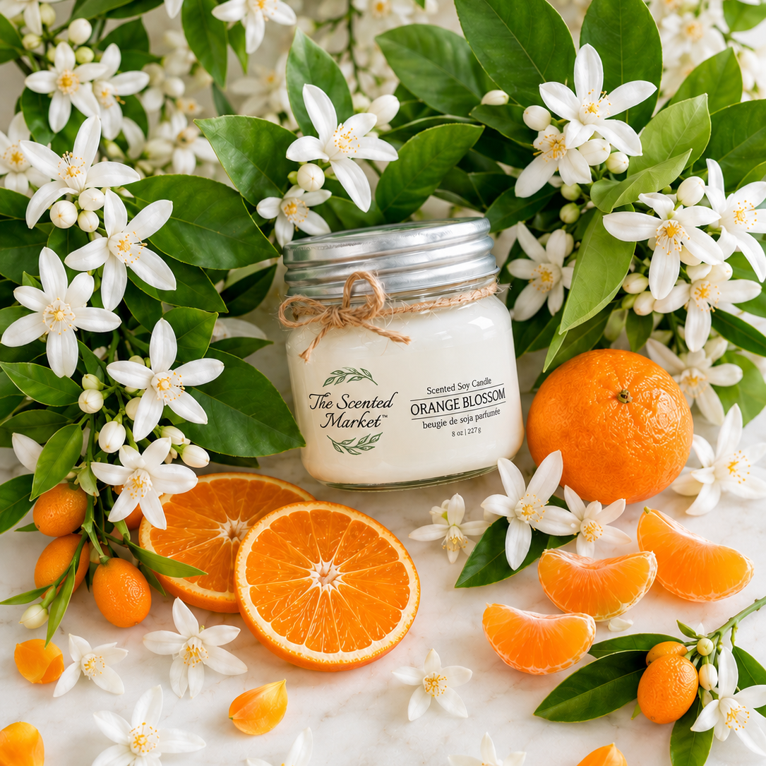 Candle with orange blossom fragrance surrounded by oranges and flowers on a light background