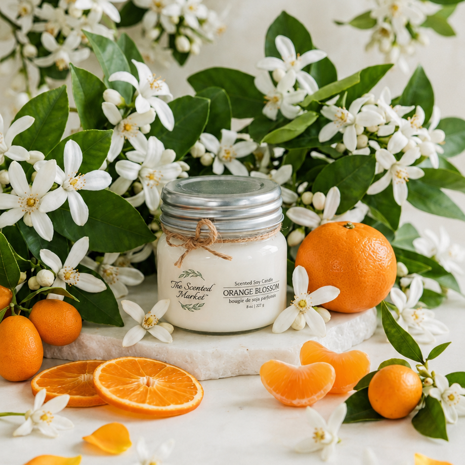 Jar of body scrub with oranges and flowers on a light background