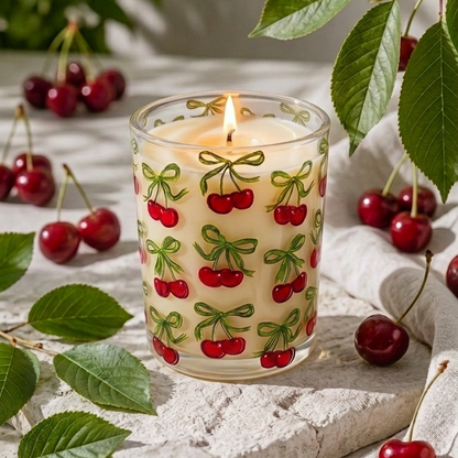 A lit candle in a clear glass jar decorated with a red cherry and green bow pattern, styled on a stone slab with cherries and green leaves.