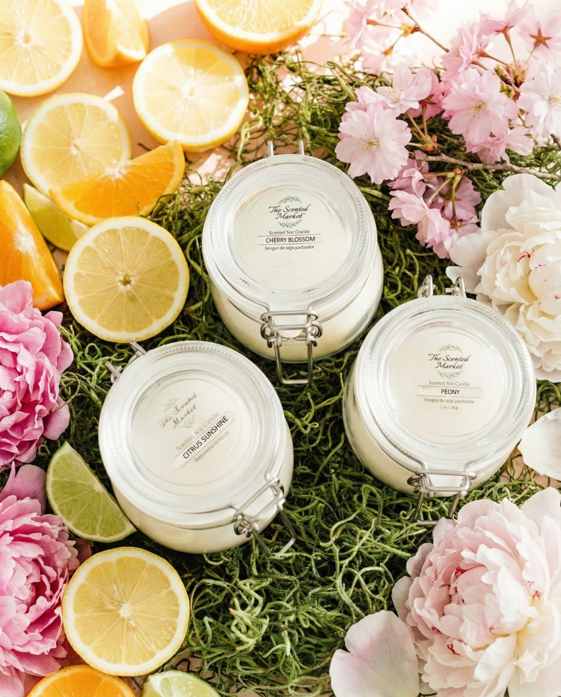 Three white jars with labels on a bed of green moss and flowers, surrounded by sliced lemons and oranges.