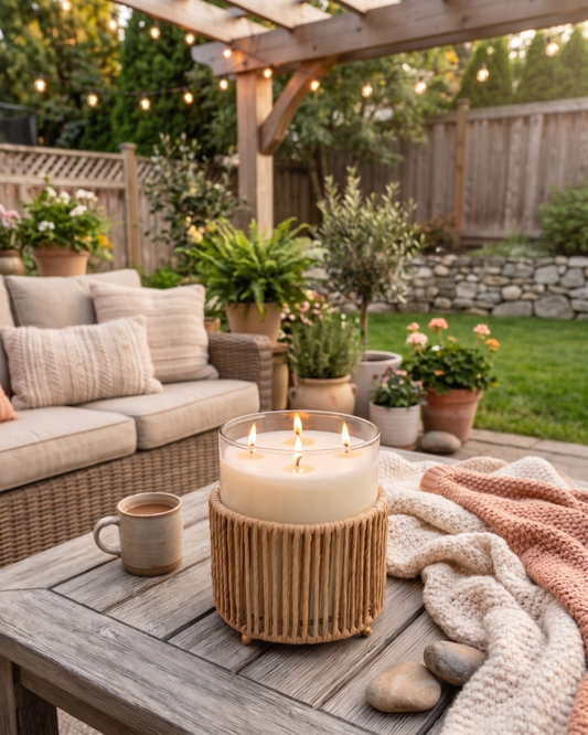 SUMMER NIGHTS 4 Wick Hurricane Candle – Outdoor Glass Holder with Metal & Grass Base
