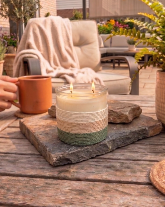SUMMER NIGHTS Rope Glass Candle – Large 2 Wick Soy Candle (Beige, Cream & Sage Green)