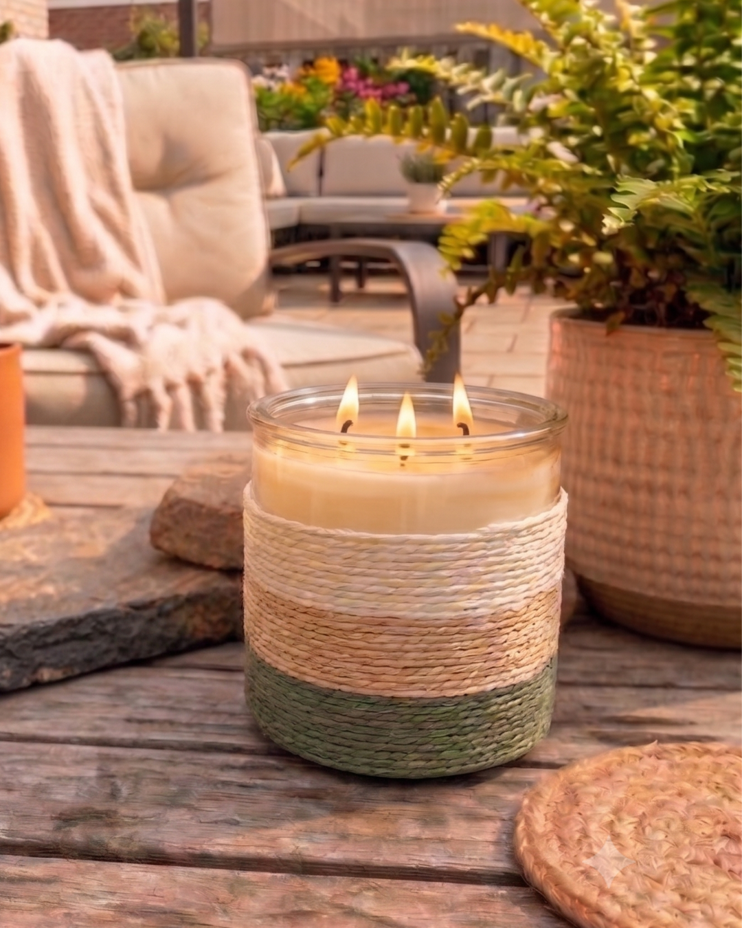 SUMMER NIGHTS Rope Glass Candle – XL 3 Wick Soy Candle (Beige, Cream & Sage Green)