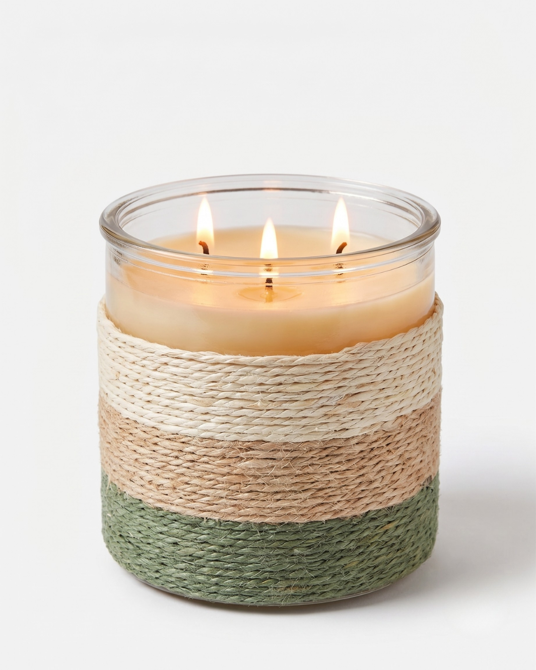 SUMMER NIGHTS Rope Glass Candle – XL 3 Wick Soy Candle (Beige, Cream & Sage Green)