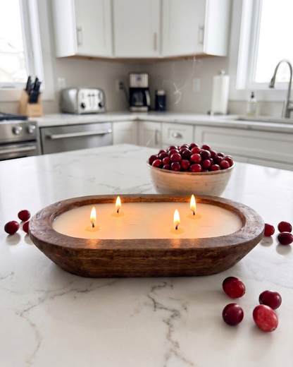 CRANBERRY Dough Bowl Soy Candle | Handcrafted 4 Wick Wooden Candle