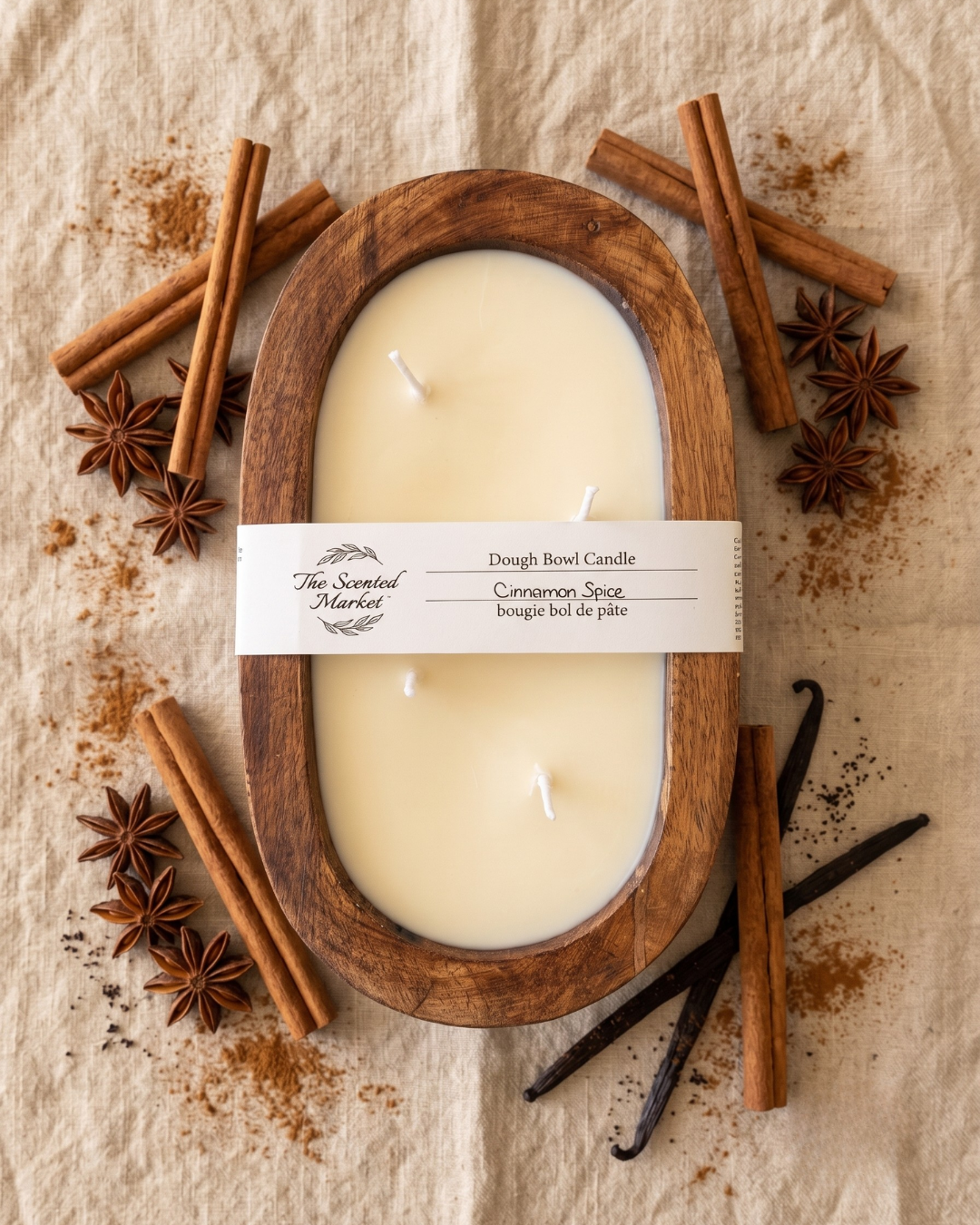 CINNAMON SPICE Dough Bowl Soy Candle | Handcrafted 4 Wick Wooden Candle