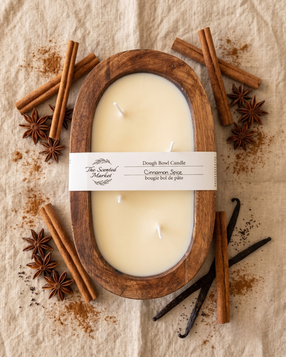 CINNAMON SPICE Dough Bowl Soy Candle | Handcrafted 4 Wick Wooden Candle