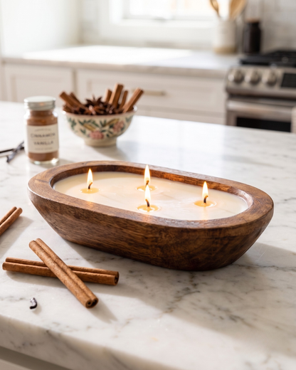 CINNAMON SPICE Dough Bowl Soy Candle | Handcrafted 4 Wick Wooden Candle