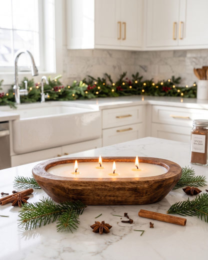 SPICED BALSAM Dough Bowl Soy Candle | Handcrafted 4 Wick Wooden Candle