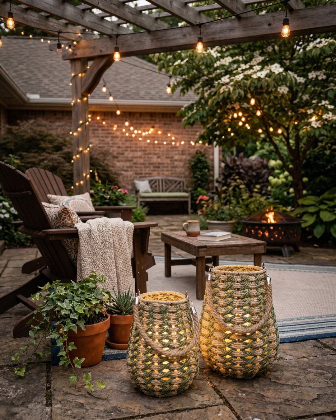 SUMMER NIGHTS Sage Green & Beige Rope Lantern Candle Set – 2 Pack