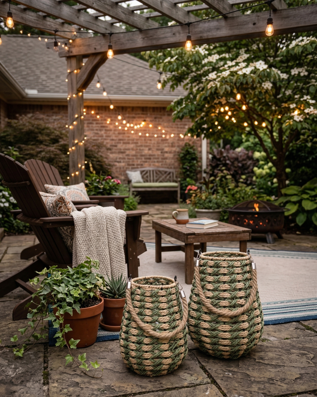 SUMMER NIGHTS Sage Green & Beige Rope Lantern Candle Set – 2 Pack