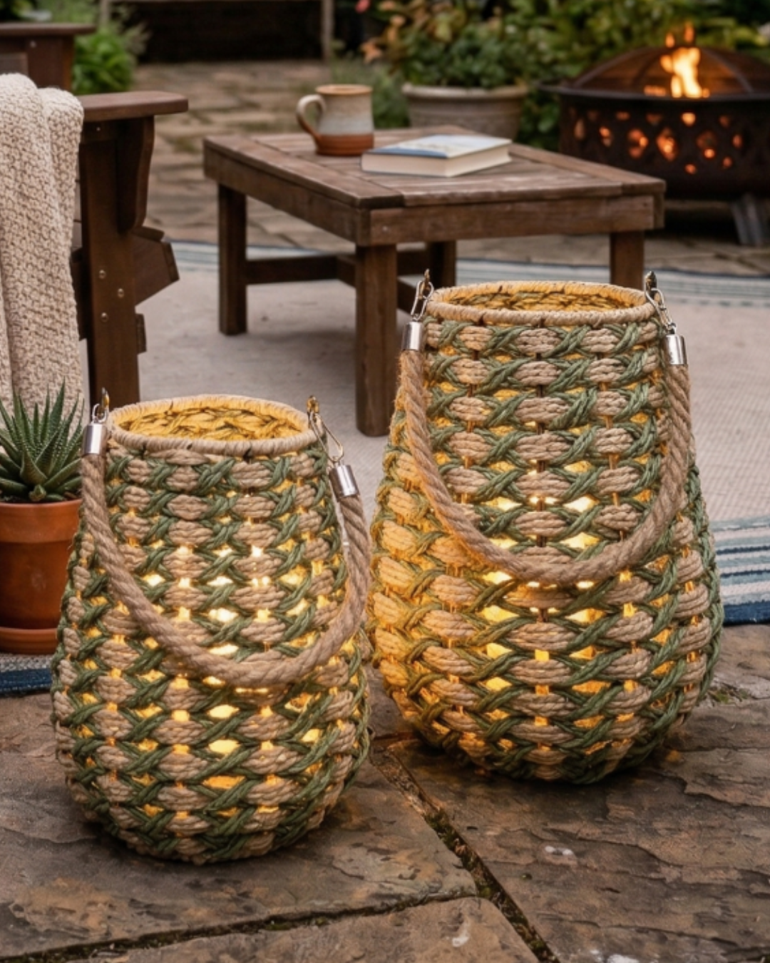 SUMMER NIGHTS Sage Green & Beige Rope Lantern Candle Set – 2 Pack